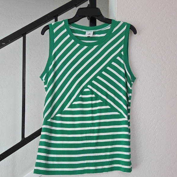 CAbi Tops - CAbi 5758 Green and White Diagonal Striped Tank Top Size M